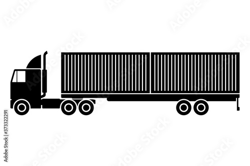 Truck with semi-trailer and containers icon. Black silhouette. Side view. Container ship. Vector flat graphic illustration. The isolated object on a white background. Isolate.
