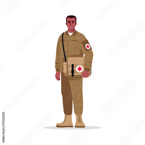 Military surgeon semi flat RGB color vector illustration. Male military doctor. Combat medic. Young afro american man working as combat medic isolated cartoon character on white background