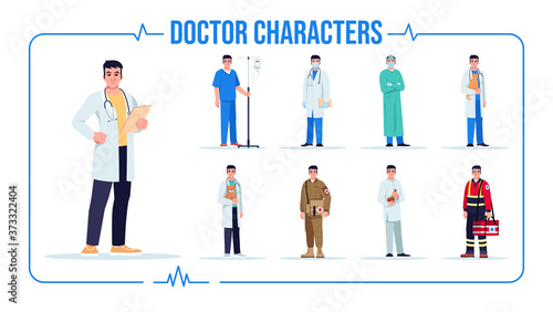 Asian doctor semi flat RGB color vector illustration set. General practitioner. Alternative medicine. Paramedic. EMT. Pediatrician. Surgeon. Isolated cartoon one character on white background pack