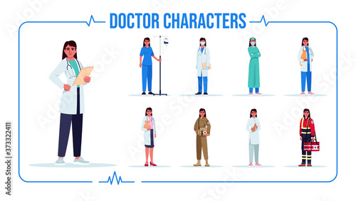 Latino doctor semi flat RGB color vector illustration set. Female doctor. General practitioner. Veterinary physician. Pediatrician. Isolated cartoon one character on white background pack
