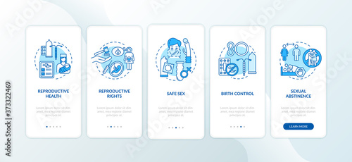 Safe sex blue onboarding mobile app page screen with concepts. Reproductive right. Sexual education walkthrough 5 steps graphic instructions. UI vector template with RGB color illustrations