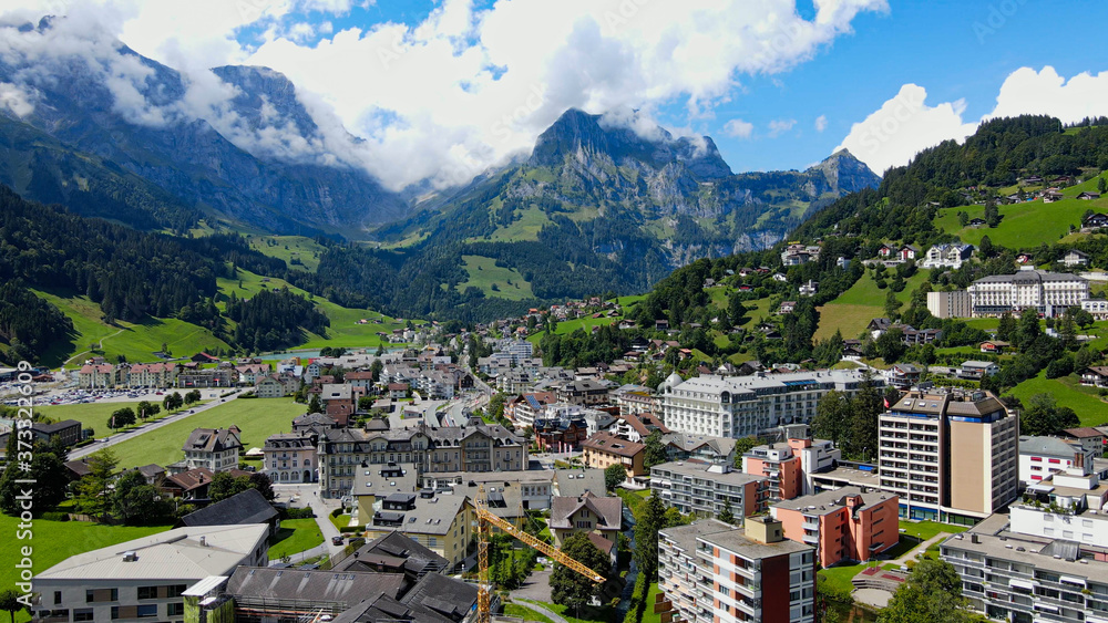 Flight over the city of Engelberg in Switzerland - travel photography
