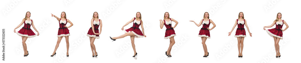Woman wearing red dress in fashion concept isolated on white Woman wearing red dress in fashion concept isolated on white