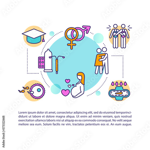 Birth control concept icon with text. Sexual education PPT page vector template. Safe sex, male and female contraception brochure, magazine, booklet design element with linear illustrations