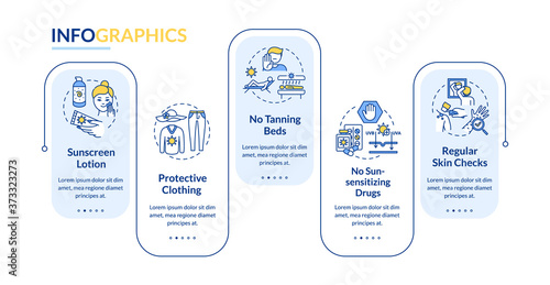 Skin cancer prevention vector infographic template. Regular skin checks. Presentation design elements. Data visualization with 5 steps. Process timeline chart. Workflow layout with linear icons