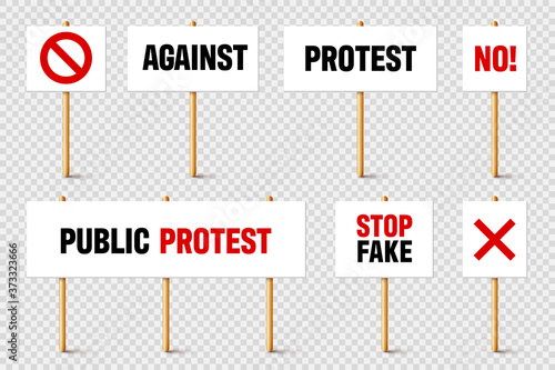 Protest signs with slogan on wooden holder. Realistic vector demonstration banner. Strike action cardboard placard mockup.