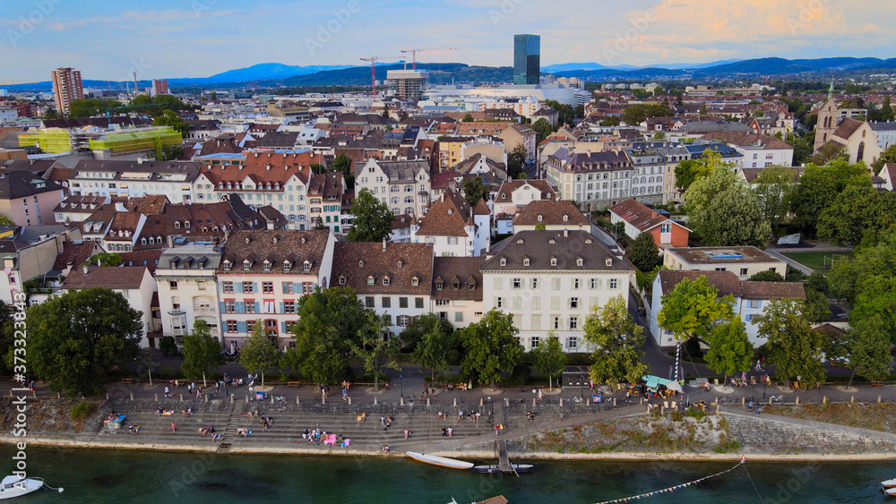 Historic district of Basel in Switzerland and River Rhine - aerial view - travel photography