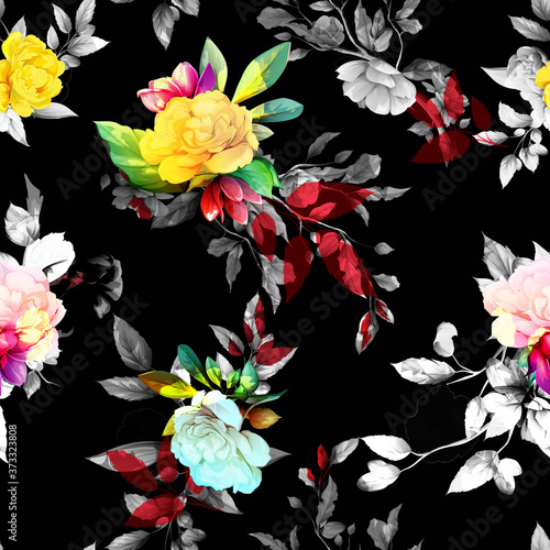Seamless floral background pattern. Abstract flowers, peony and leaves on black. Pattern for textile, fabric and other prints purpose. Hand drawn vector - stock.