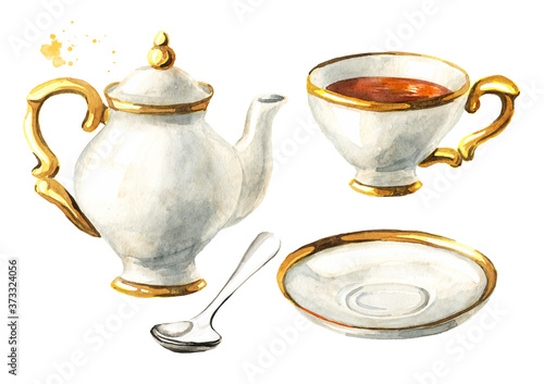 Teapot, Cup and saucer set. Vintage porcelain. Hand drawn watercolor illustration isolated on white background
