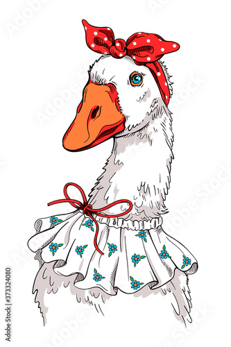 Cute cartoon goose in women's clothing. Stylish image for printing on any surface