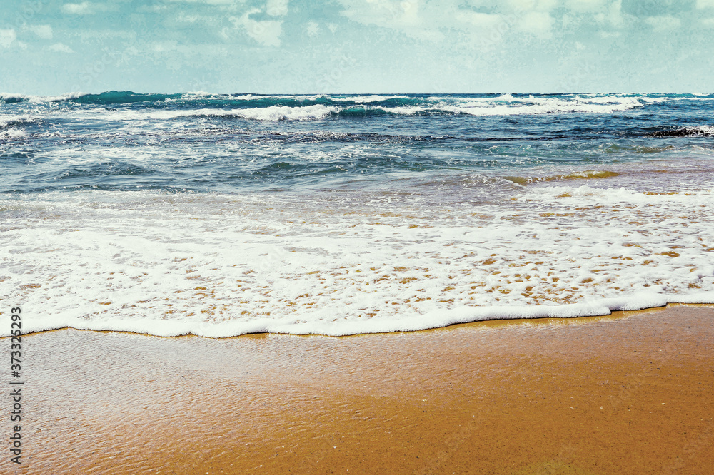 Sea surf to the beach shore sunny day summer. Sea water runs onto the