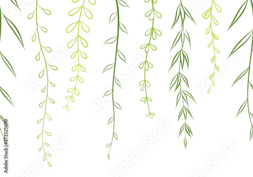 Vector doodle green climbing plants texture. Floral stripes horizontal seamless pattern background border.