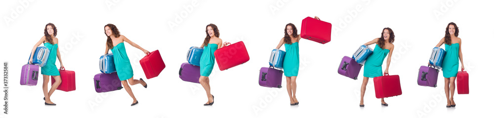 Woman traveller with suitcase isolated on white Woman traveller with suitcase isolated on white