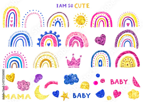 Rainbow clipart. Baby cute rainbow watercolor illustration. Isolated on white background. Cute magical rainbow, scandi nursery, fun pink pretty.