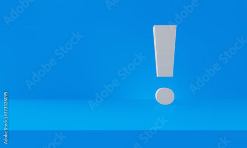 Exclamation mark white in blue photography studio background. 3d rendering.