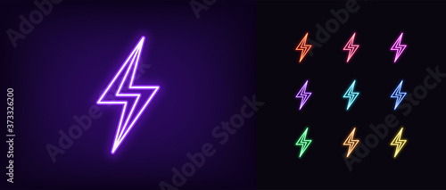 Neon lightning flash icon. Glowing neon thunder bolt sign, electrical discharge