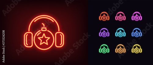 Neon bomb icon. Glowing neon bomb with headphones and star sign, explosive sound