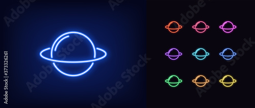 Neon planet icon. Glowing neon planet sign with ring, Saturn