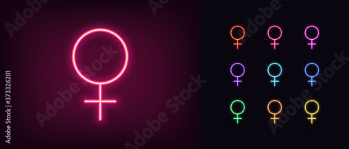 Neon female gender icon. Glowing neon gender symbol for woman, sexual identity