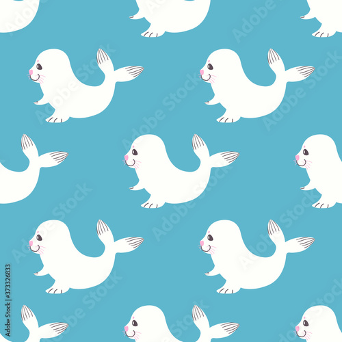 vector little cute white seal seamless pattern on marine blue
