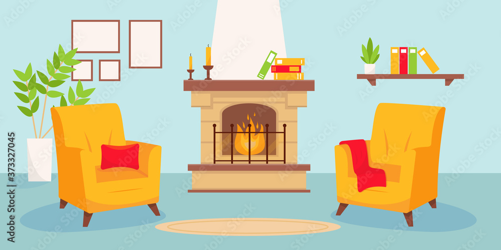 Obraz premium Living room with fireplace and two yellow armchairs.