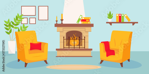 Living room with fireplace and two yellow armchairs.