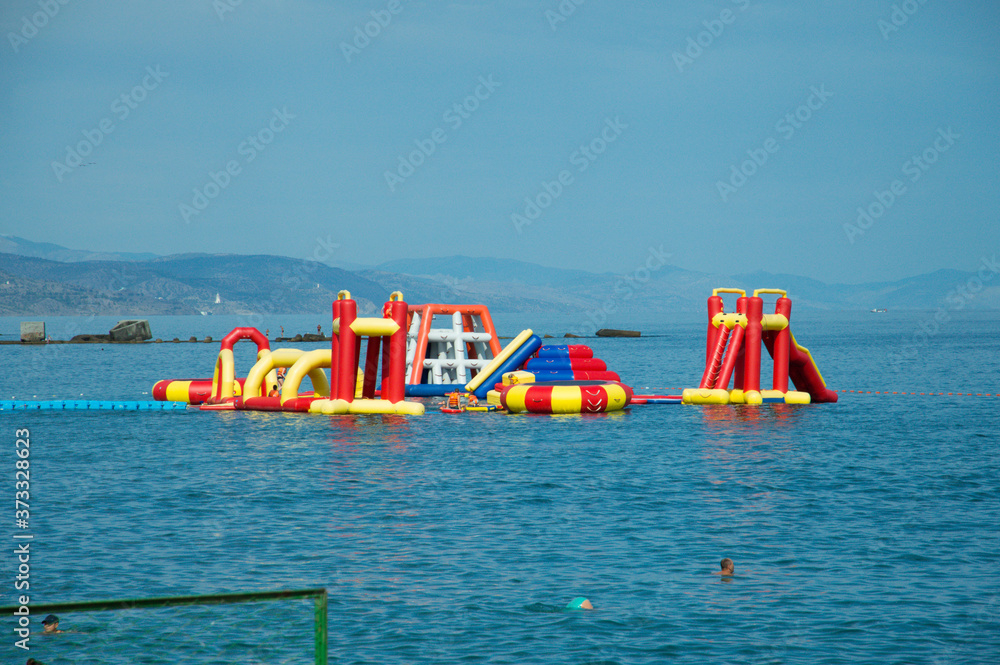 Inflatable attraction at sea.  entertainment and recreation