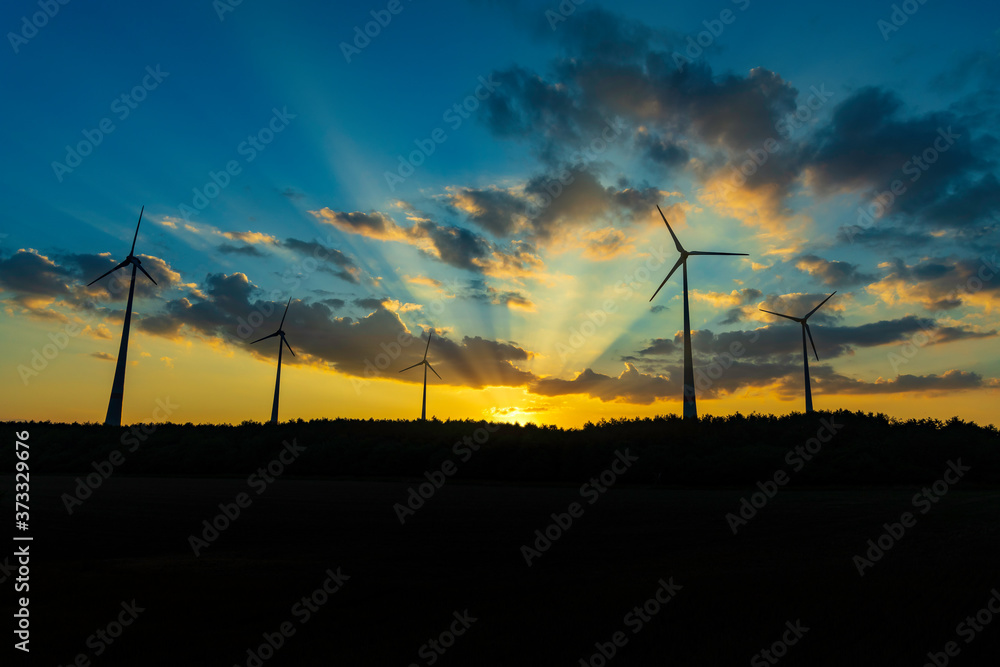wind turbines in the rural landscape at sunset