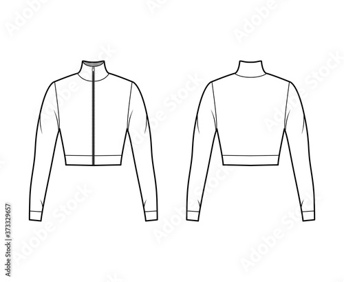 Zip-up cropped turtleneck jersey sweater technical fashion illustration with long sleeves, close-fitting shape. Flat outwear jumper apparel template front back white color. Women men unisex shirt top