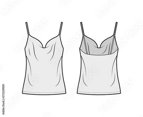 Camisole technical fashion illustration with vintage-inspired cowl neckline, relaxed fit, tunic length. Flat outwear tank apparel template front back grey color. Women, men unisex shirt top CAD mockup