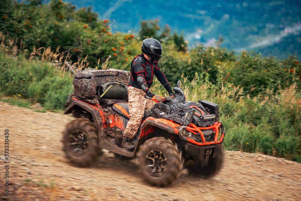 Fototapeta premium ATV rider rides through forest off-road in summer