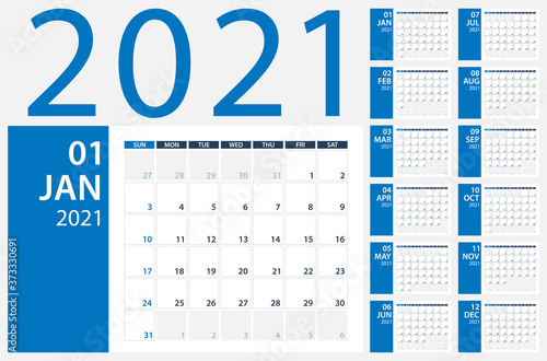 2021 Calendar Planner - vector illustration. Template. Mock up.