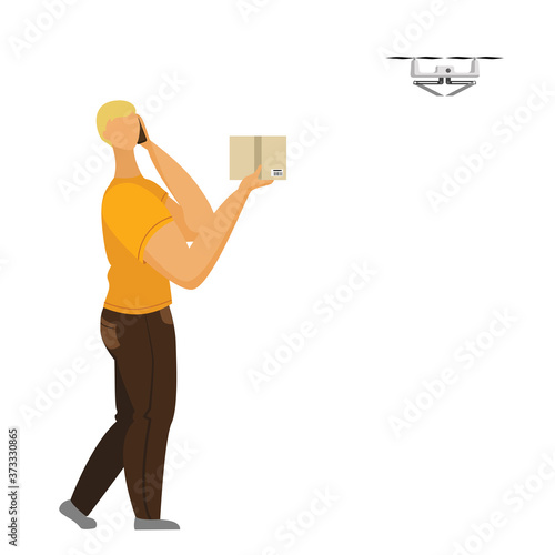 Man talking smartphone picks up the parcel delivered by the drone. Drone delievery concept. Isolated on white background.