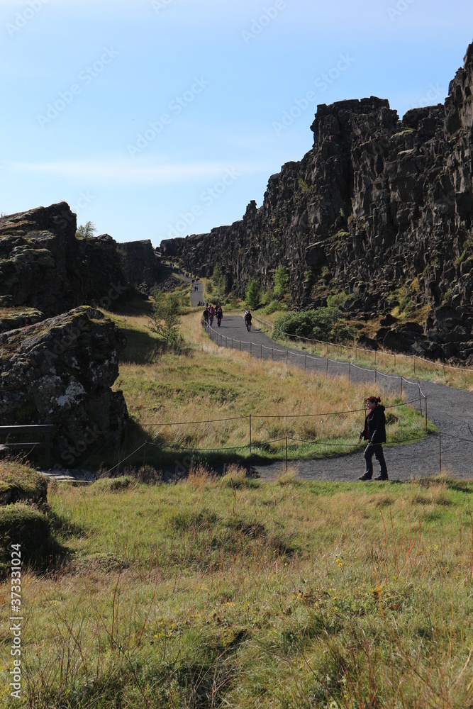 People in coat walking along trail surrounded by green grass and dark basaltic rocks in nature park in Iceland on sunny day.