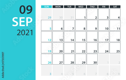 September 2021 Calendar Planner - vector illustration. Template. Mock up.