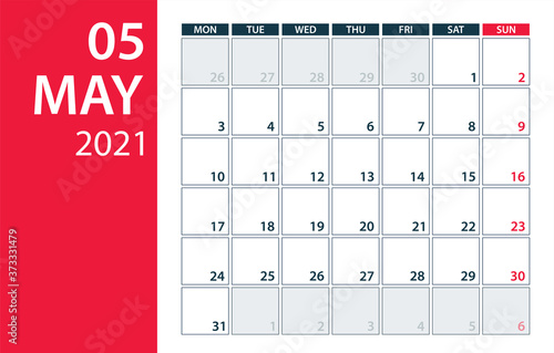 May 2021 Calendar Planner - vector illustration. Template. Mock up.