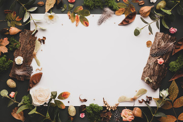 Autumnal-winter concept with dried flowers and leaves, branches of eucalyptus, bark of trees and  berries on dark background. Frame of plants. Flat lay, copy space.
