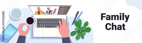 hands using laptop chatting with grandparents during virtual meeting video call family chat online communication concept workplace desk top angle view horizontal vector illustration