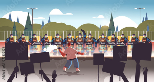 policemen in full tactical gear riot police officers controlling street protesters with placards during clashes demonstration protest riots mass concept horizontal vector illustration