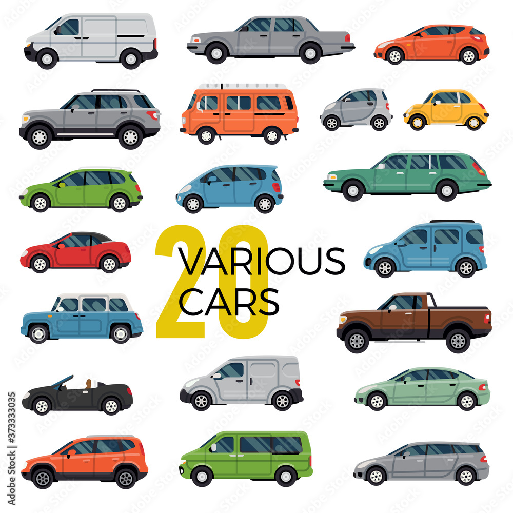 Quality flat vector collection of 20 various modern and classic cars and vehicles of different types. City and urban traffic featuring cabriolet, sedan, pickup, hatchback, microcar, van, suv