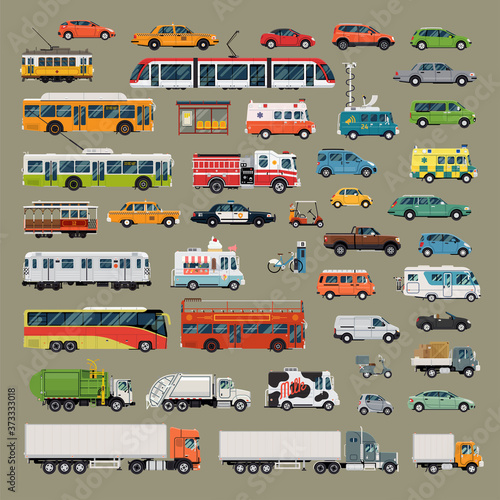 Large set of high quality flat design vector city transport featuring over 40 city road traffic items such as buses, cars, trucks, ambulance, taxi, cable cars, fire and police vehicles and more