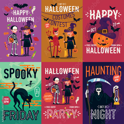 Set of quality vector poster, banner or flyer halloween templates featuring kids wearing costumes and other halloween themed items, characters and objects