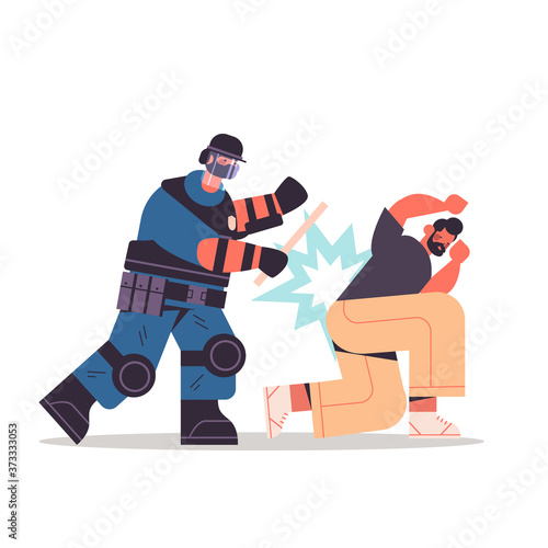 policeman in full tactical gear riot police officer attacking street protester during clashes demonstration protest concept full length vector illustration