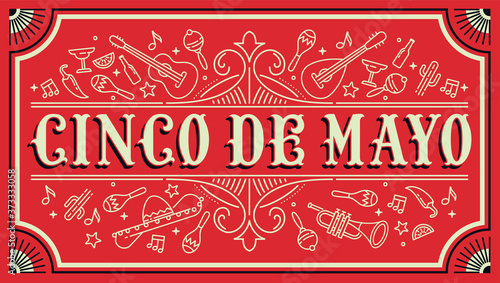 Horizontal vector banner on Cinco de Mayo holiday celebration. Modern Fifth of May holiday themed flyer layout with red background, quality lettering and linear mexican themed decorative elements