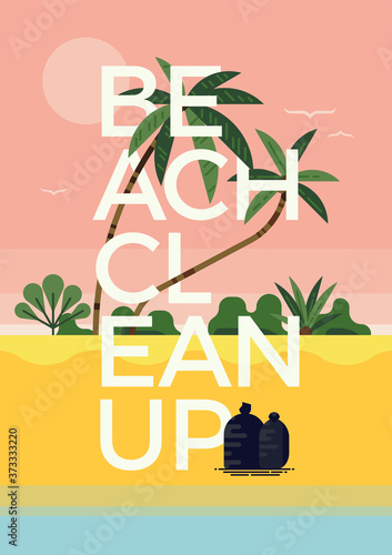 Beach Cleanup concept layout, vector. Modern graphic environment themed poster template on coastal cleanup with tropical beach background
