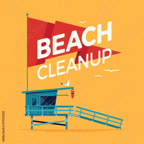 Cool vector beach cleanup concept design with lifeguard tower