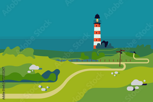 Ocean shore with lighthouse landscape background in trendy flat design. Green meadows scenery with lighthouse and sea in the distance. Ideal as travel, outdoor recreation activities banner