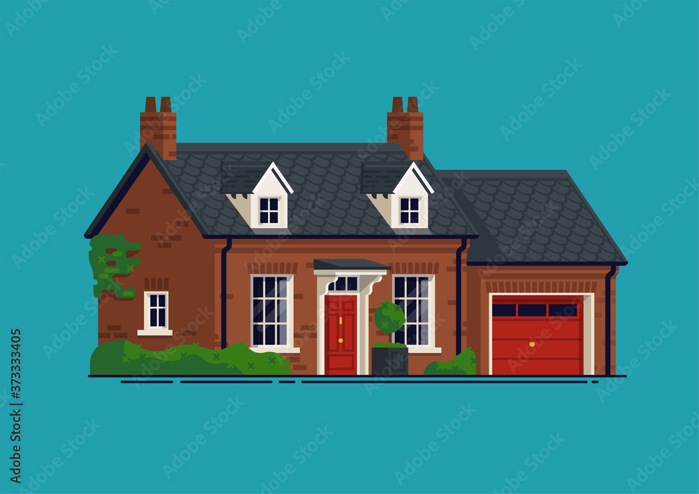 Cozy single family Georgian style detached house with garage vector flat design illustration Cozy single family Georgian style detached house with garage vector flat design illustration
