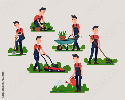 Set of various gardener poses and activities featuring mowing, digging, watering, planting and more. Cool flat vector character design on garden maintenance professional performing