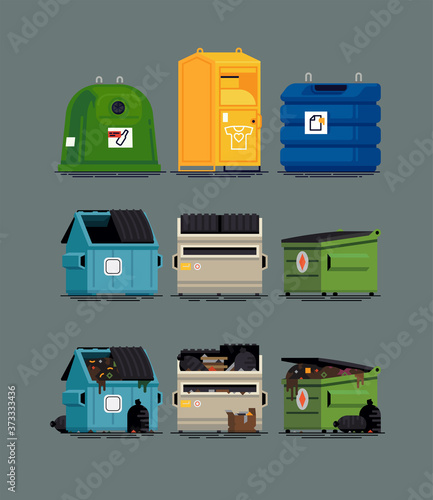 Cool set of vector items on city waste collection service. Dumpster and recycling containers filled and empty, flat design isolated photo